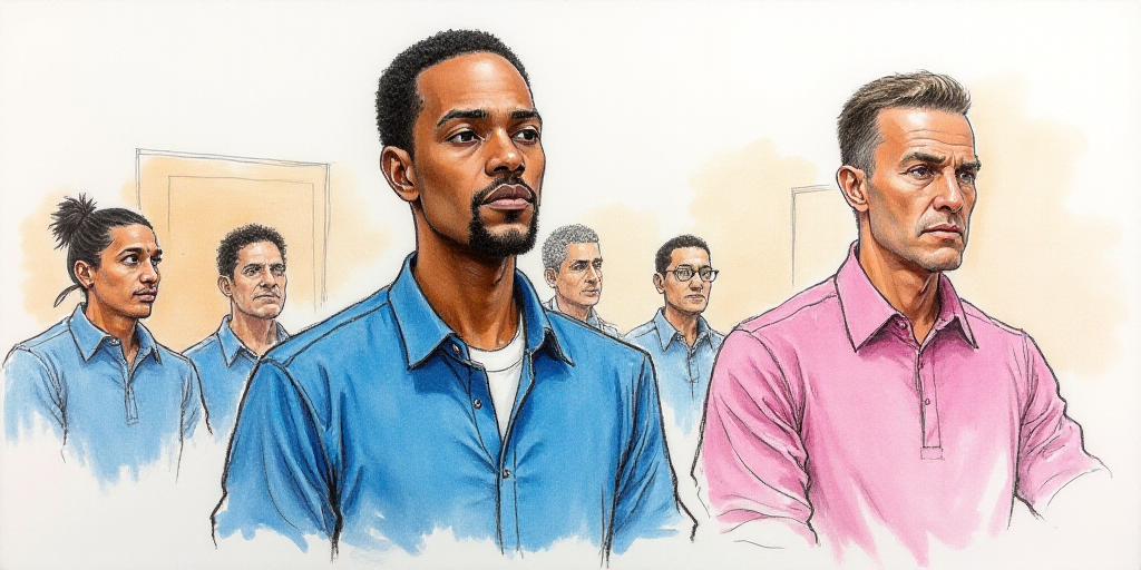 a courtroom drawing of a man in blue shirt and other people in blue shirts behind him and a man in p