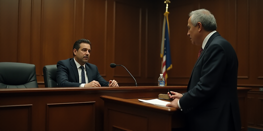 a courtroom with a man sitting at a desk in front of a microphone and a man standing at a podium, Fe