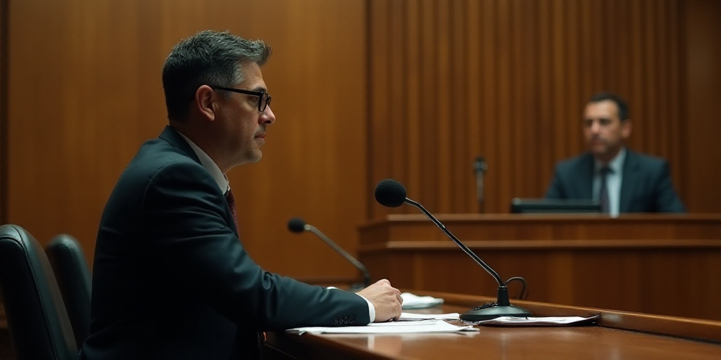 a courtroom with a man sitting at a desk in front of a microphone and a man standing at a podium, Fe
