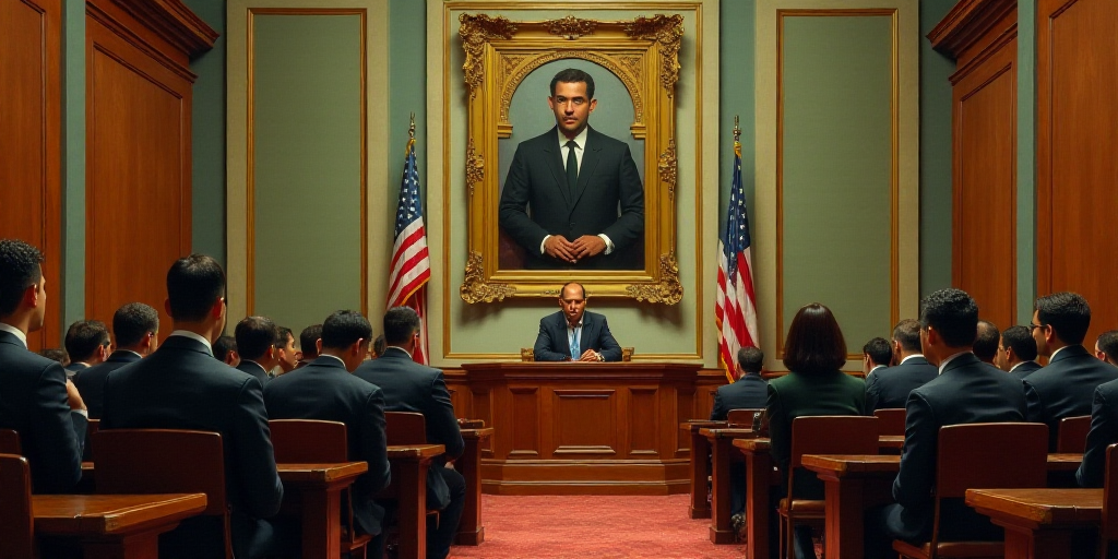 a courtroom with a painting of a man in a suit and tie and people sitting at tables in front of them
