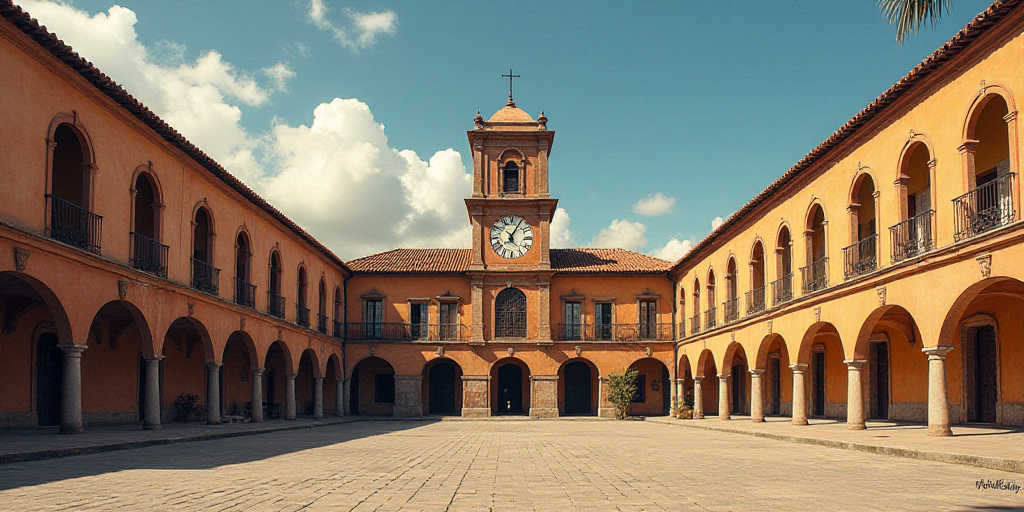 a courtyard with a clock tower and a clock on the wall and a clock on the wall and a clock on the wa