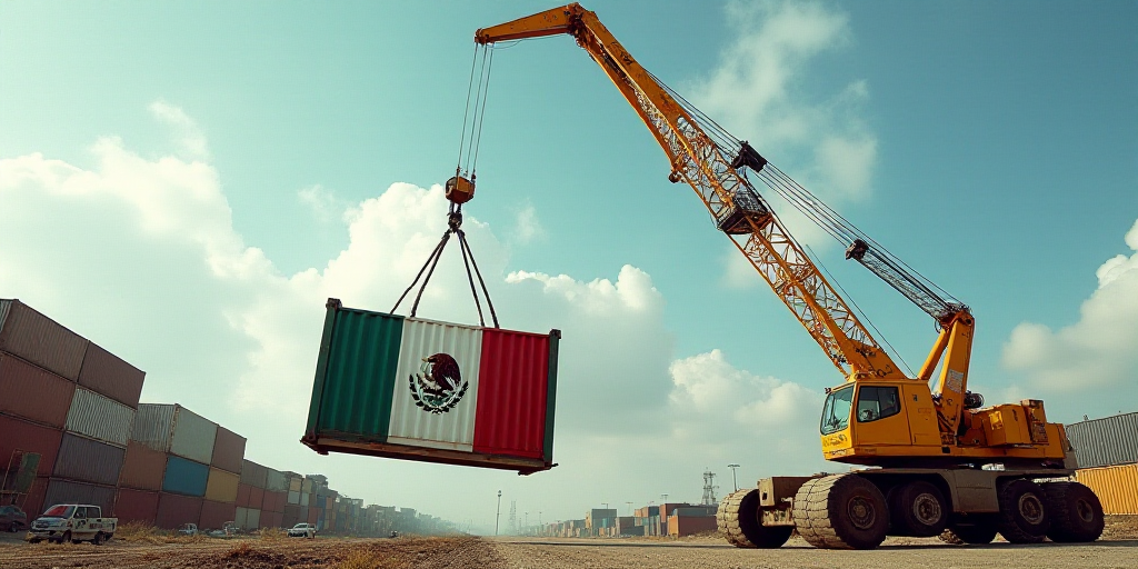 a crane is lifting a container with the flag of mexico on it to be lifted by a crane in the air, Aqu