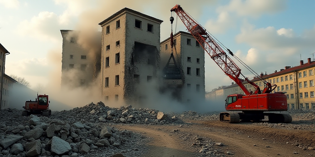a crane is lifting rubble into a building that is being demolished by fire fighters in the city of b