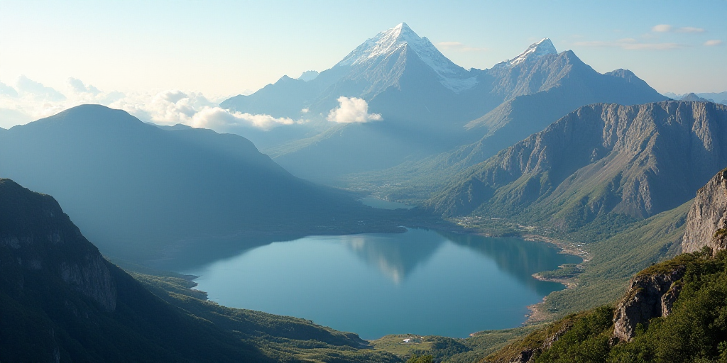 a crater in the middle of a mountain range with a lake below it and clouds in the sky above, Andries