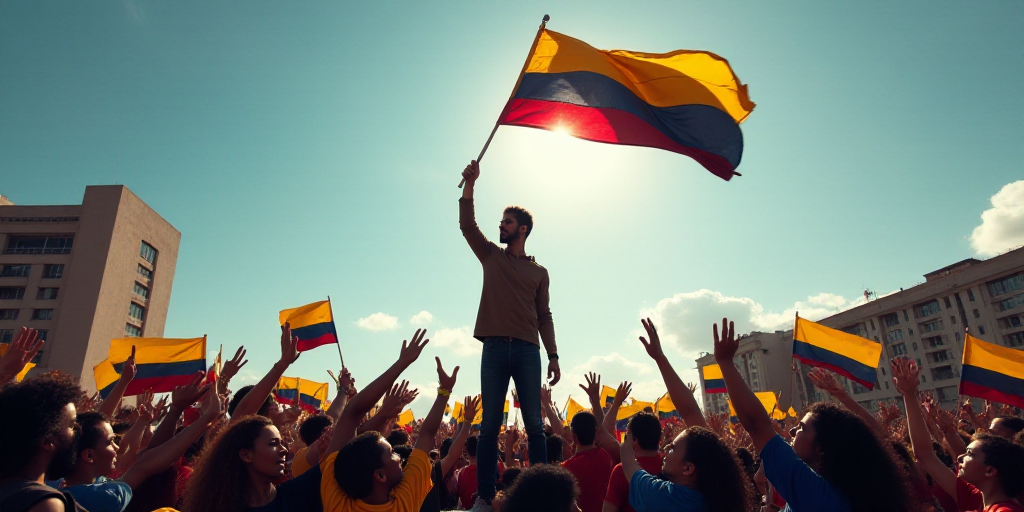 a crowd of people holding a flag and waving a flag on a pole in the sky above them is a building, Fe