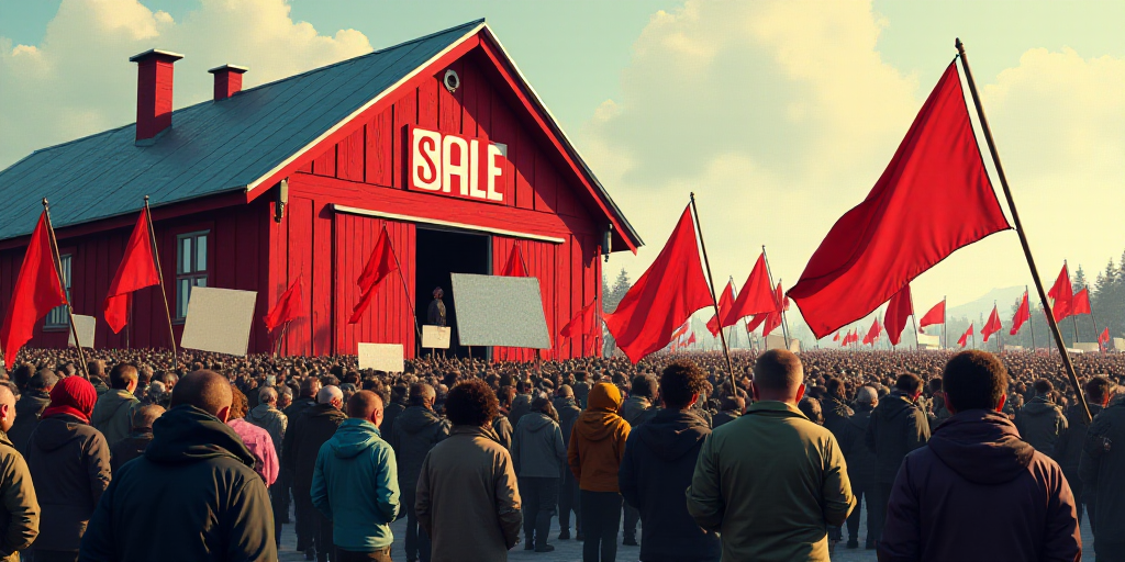 a crowd of people holding flags and signs in front of a red building with a sale sign on it, Einar H