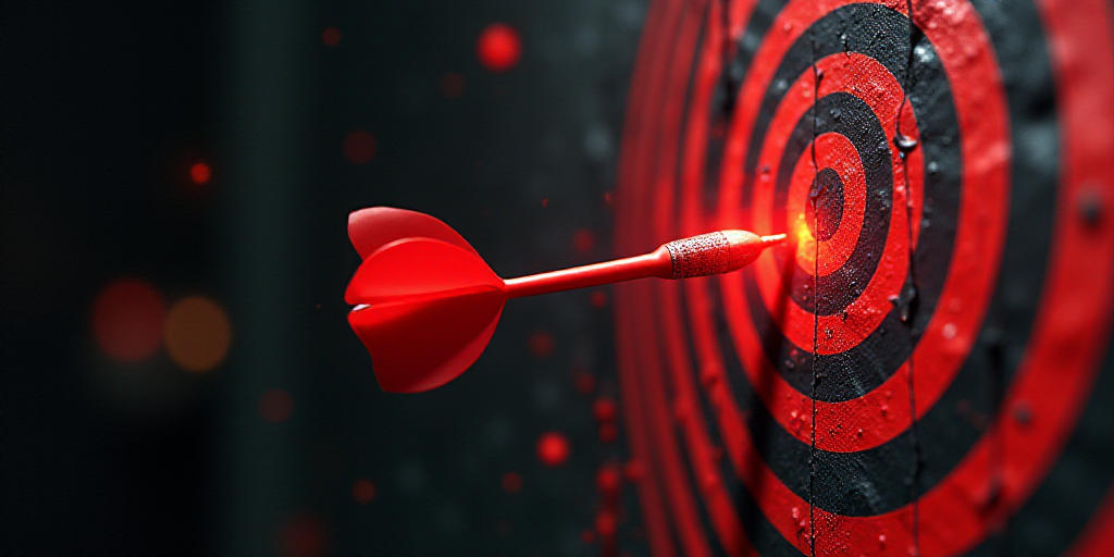 a dart hitting a target with a red bulls eye on it's side, with a line of red and black lines in the