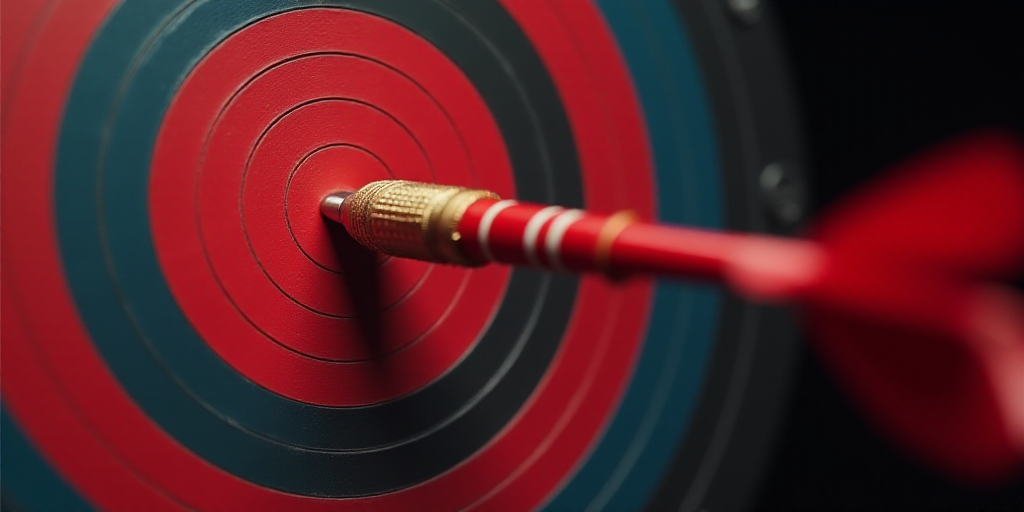 a dart hitting a target with a red bulls eye on it's side, with a line of red and black lines in the