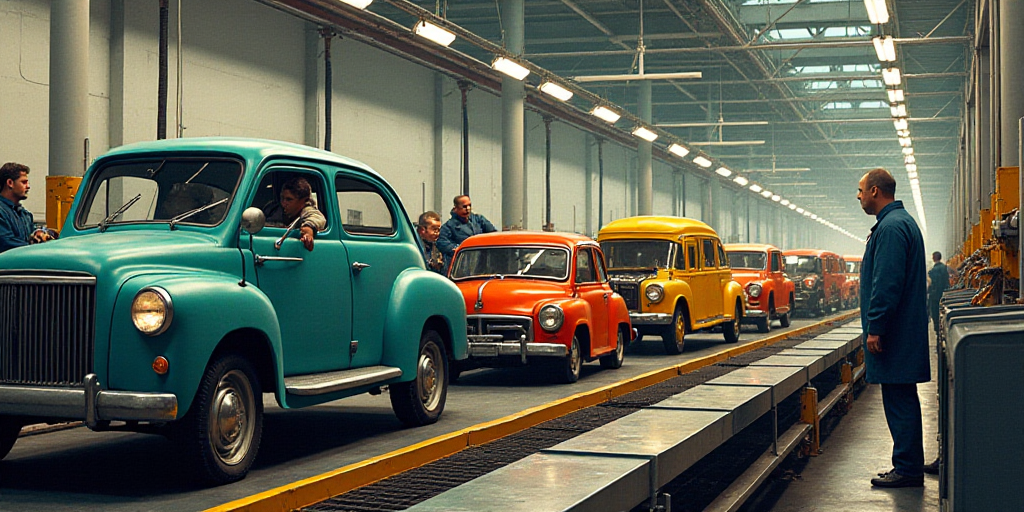 a factory with cars on assembly line and trucks on the assembly line and workers on the assembly lin