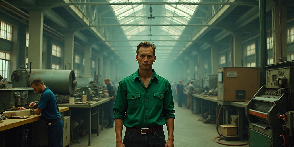 a factory with workers and machinery in the background and a man in a green shirt standing in the ce