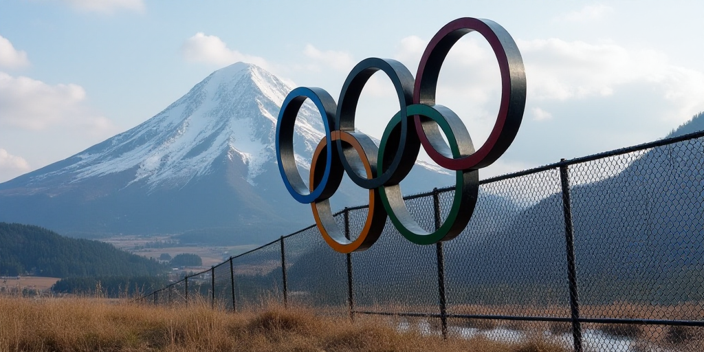 a fence with a mountain in the background and a olympic rings on it's side, with a chain link fence