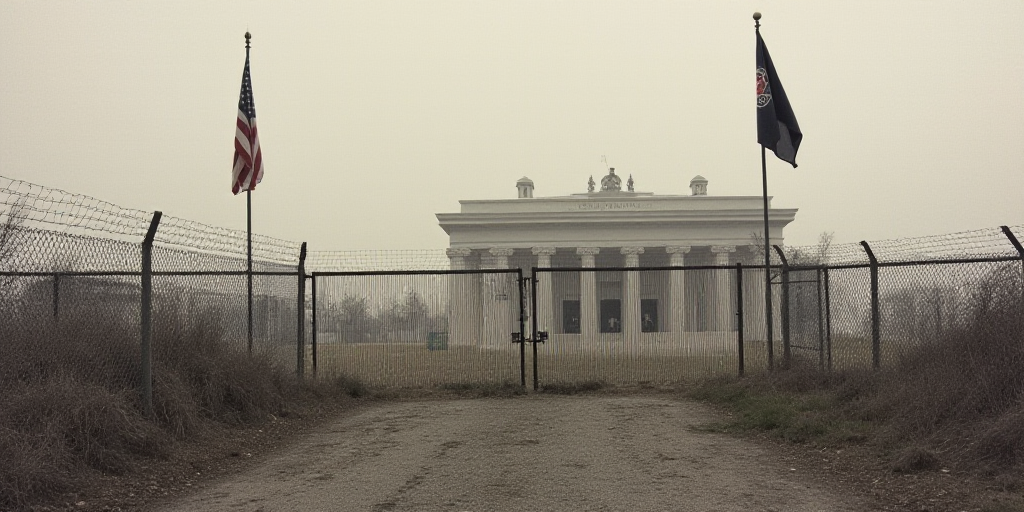 a fence with two flags on top of it and a fence with a fence in the background with a building in th