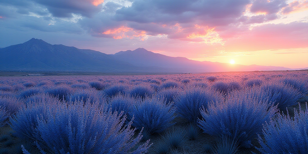 a field of blue agoea plants under a cloudy sky with mountains in the background at sunset or dawn,