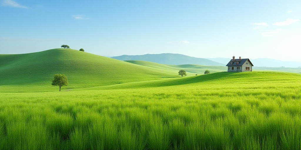 a field of green grass with a house in the background and a hill in the distance with a few trees, E