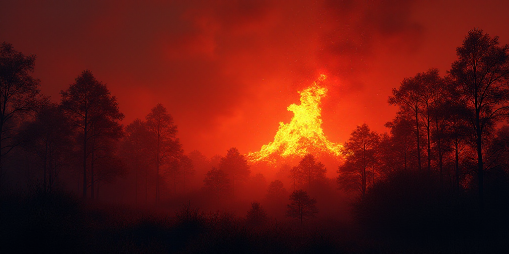 a fire blazing in the sky over a forest filled with trees and bushes at night time with red lighting