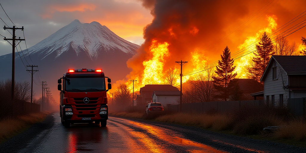 a fire is burning in a town with a mountain in the background and a fire truck in the foreground, Ch