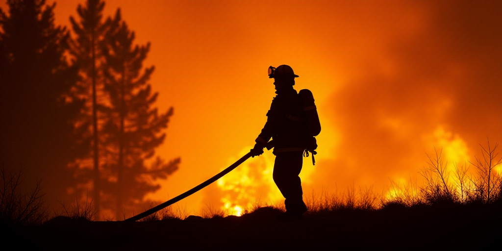 a firefighter is silhouetted against a blazing background of trees and a fire hose in the foreground