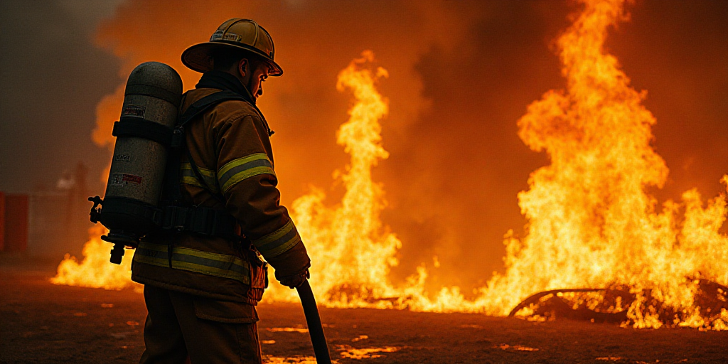 a fireman is standing in front of a fire with a fire hose in his hand and a fireman in a fire suit,