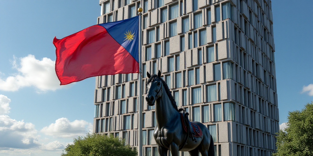 a flag flying in front of a tall building with windows in the background and a horse statue in the f