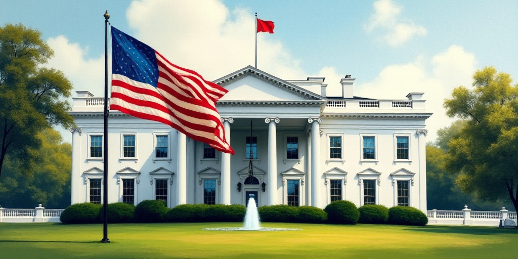 a flag flying in front of a white house with a flagpole in the foreground and a flag on the right si