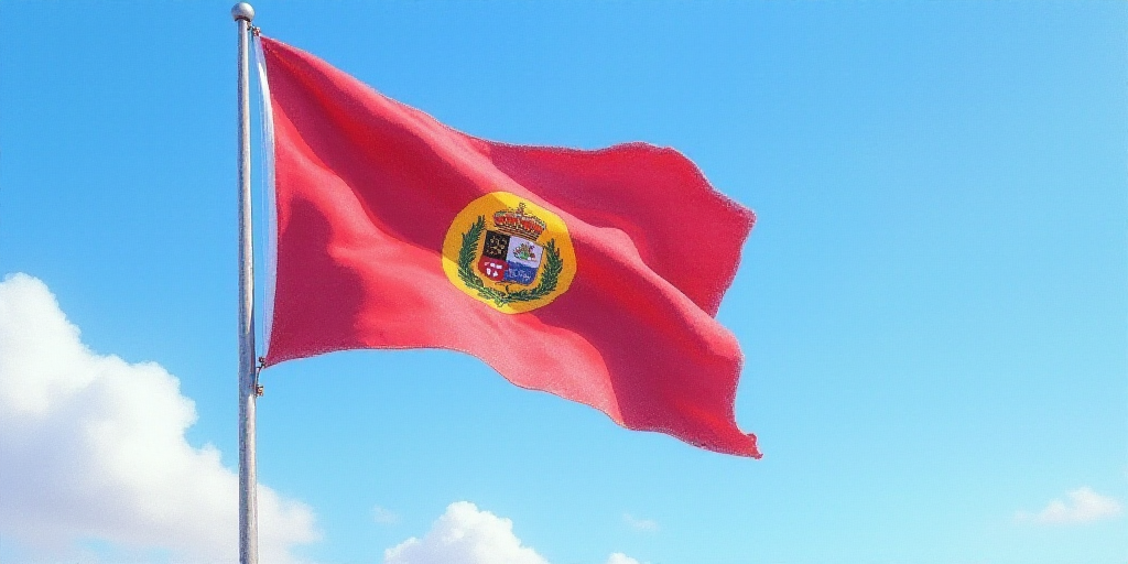 a flag flying in the wind with a blue sky in the background and a cloudless sky in the background, C