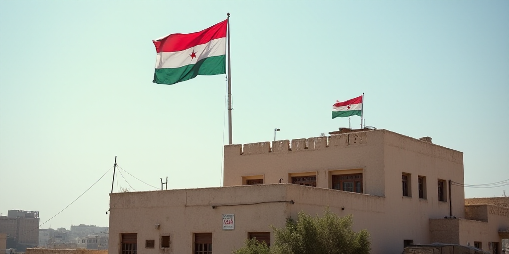 a flag flying over a building with a flag pole in front of it and a flag on top of a building, Bouch