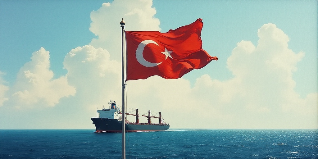 a flag is flying in front of a large ship in the ocean with a flag pole in the foreground, Eduardo L