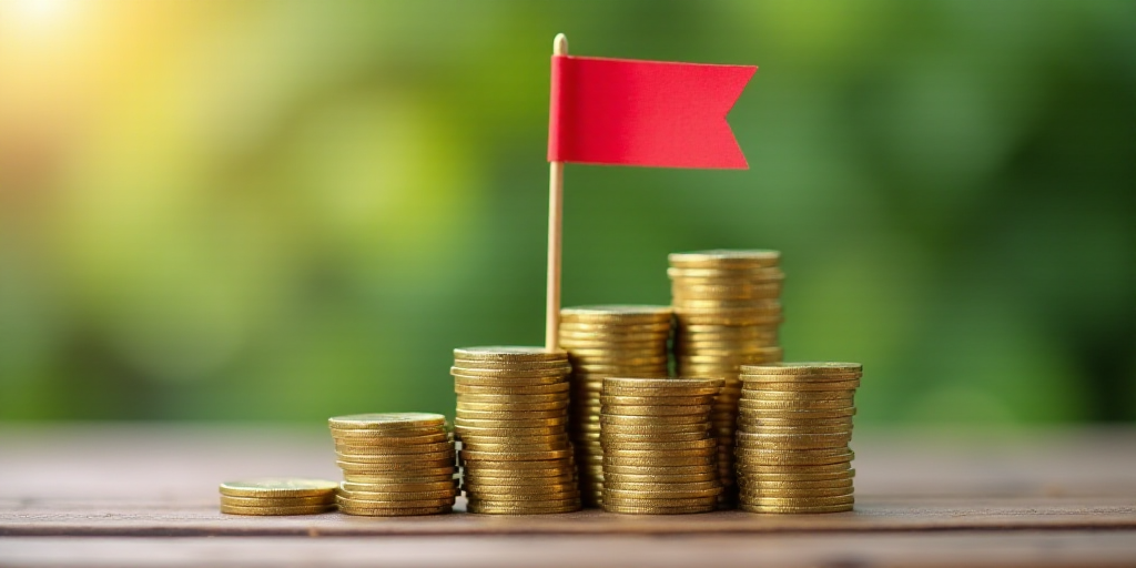a flag sticking out of a pile of coins with a flag on top of it and a flag on top of the stacks, Cho