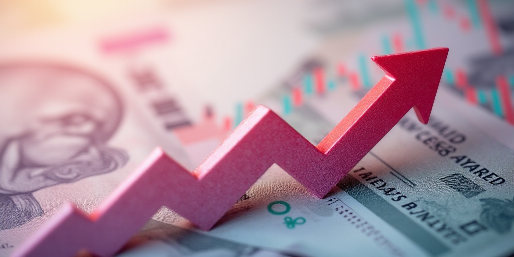 a flag with a red arrow on it and money in the background of it, with a stock market graph in the fo