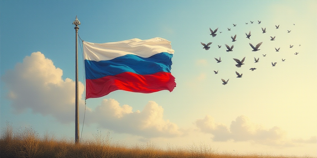 a flag with birds flying around it in the sky above it and a flag pole in the foreground, Andrey Yef