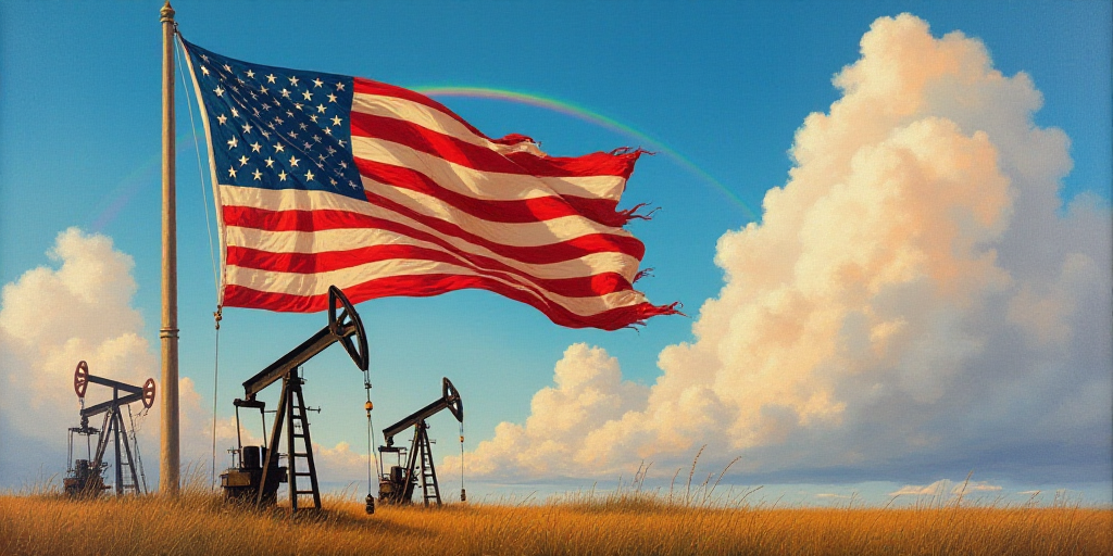 a flag with oil pumps and stars on it and a sky background with clouds in the background and a rainb