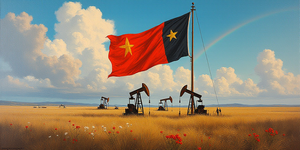 a flag with oil pumps and stars on it and a rainbow background with clouds in the sky behind it, Edu