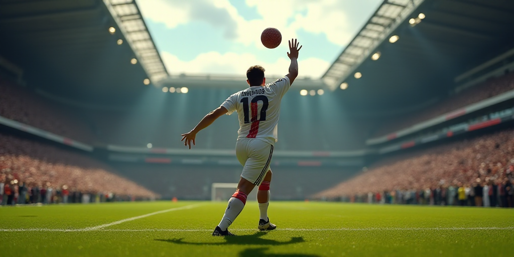 a football player throwing a ball in front of a crowd of people in a stadium with a football in his