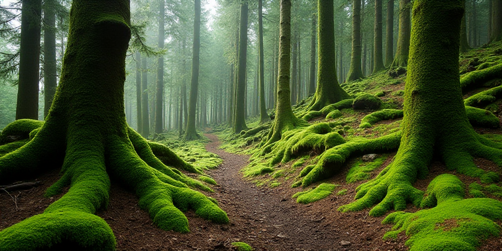 a forest filled with lots of trees covered in mossy rocks and trees with moss growing on them and mo