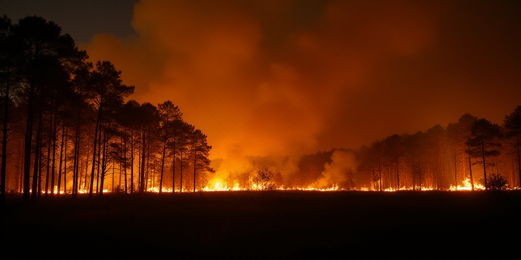 a forest fire burning in the night with trees on the side of the fire line and a dark sky, Almada Ne