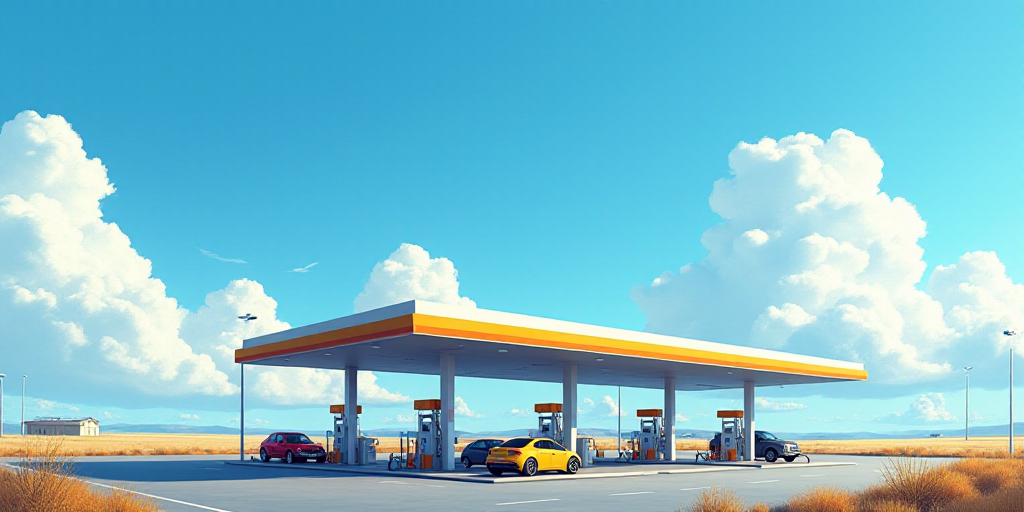 a gas station with a bright blue sky and clouds in the background and a few cars parked at the gas p