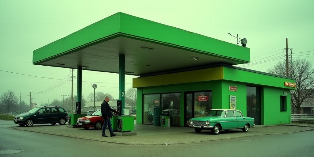 a gas station with cars parked in it and a man standing in the doorway of the station with a gas pum