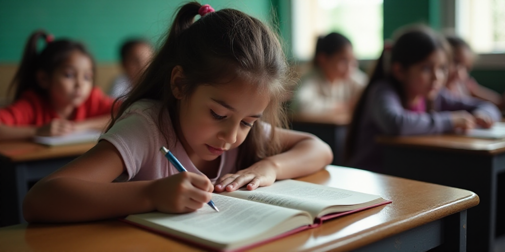 a girl is writing in a book while other children watch from the back of a classroom room with desks,