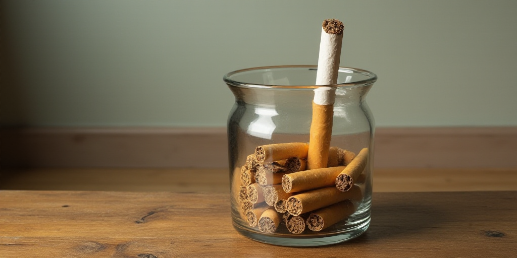 a glass container filled with cigarettes on top of a table next to a wall and a wooden floor behind
