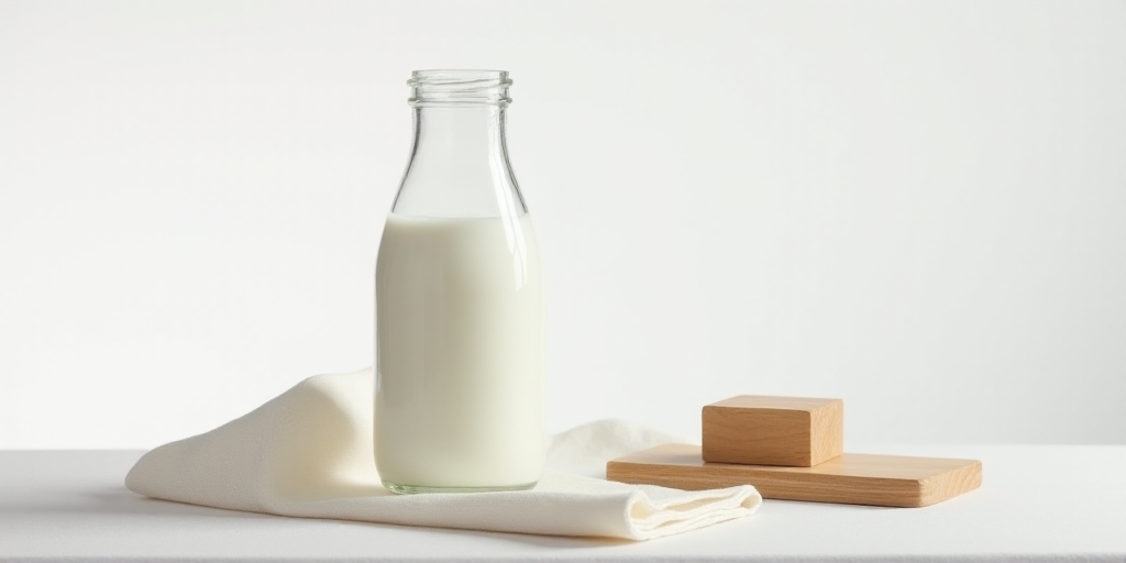 a glass jar of milk on a table with a cloth and a wooden block of wood on the side, Byeon Sang-byeok