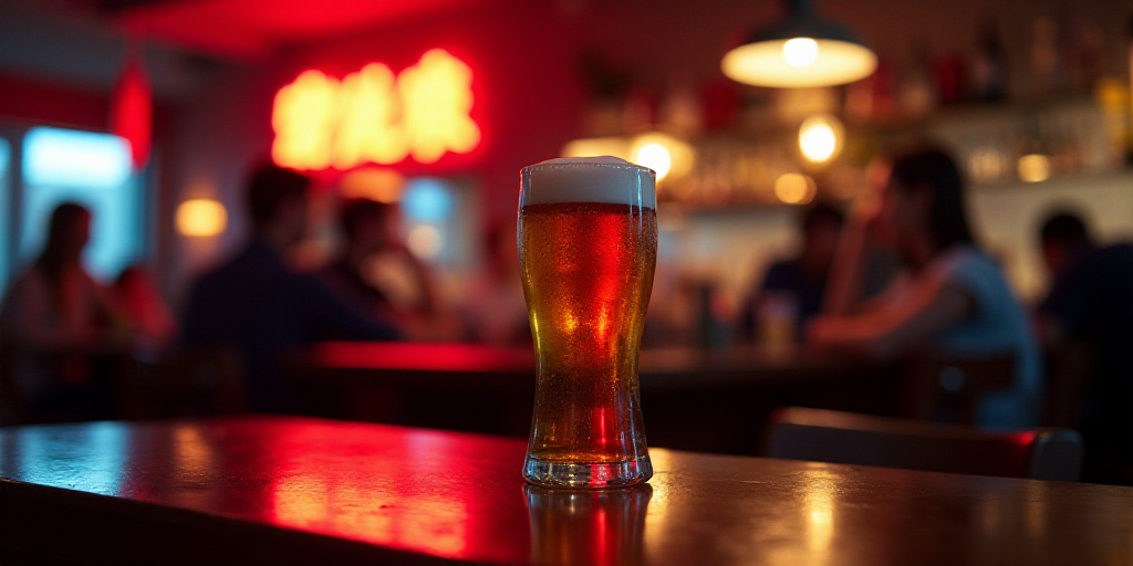 a glass of beer sitting on top of a table in a bar with people in the background and a neon sign, Ca