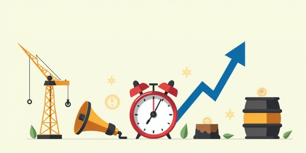 a graphic with a clock, a bullhorn, a crane, and a barrel of oil with a blue arrow pointing up, Dieg