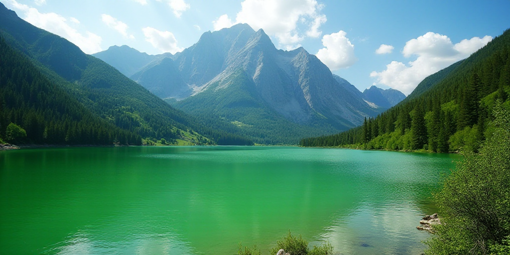 a green lake surrounded by mountains and a mountain range in the background with a green substance i