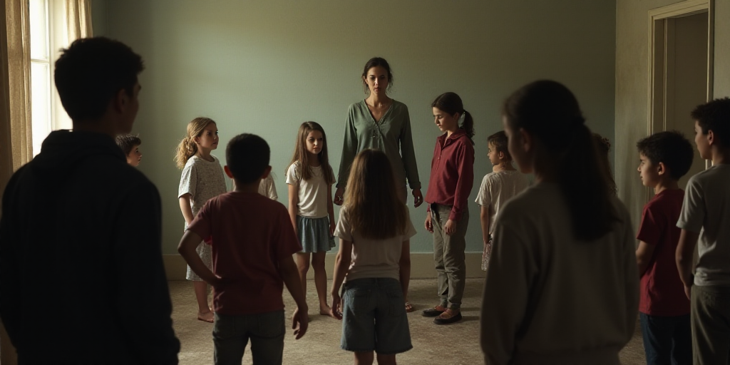a group of children standing around each other in a room with a woman standing behind them and a man