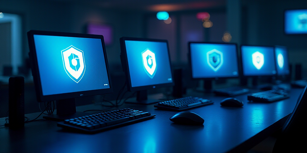 a group of computers sitting next to each other in a room with a logo on the screen and a blue light