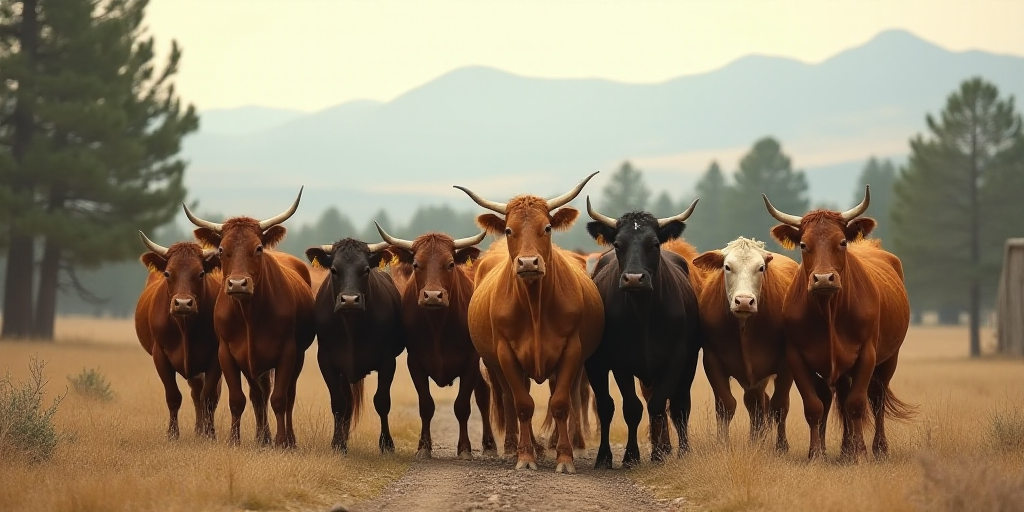 a group of cows standing in a dirt field with trees in the background and a mountain in the distance