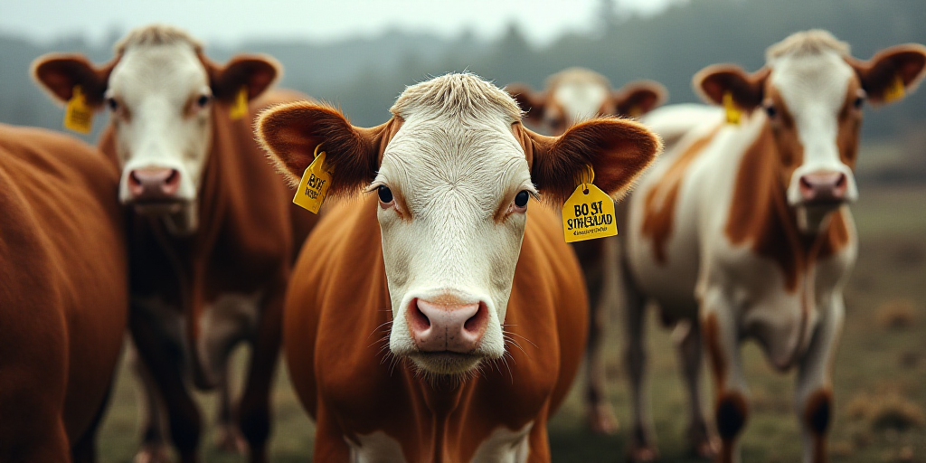 a group of cows standing in a pen with tags on their ears and ears, with a yellow and white cow in t