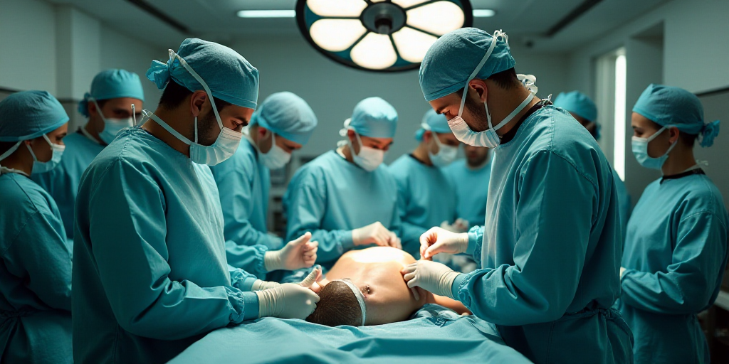 a group of doctors in a operating room preparing for surgery on a patient's body in a hospital, Éva