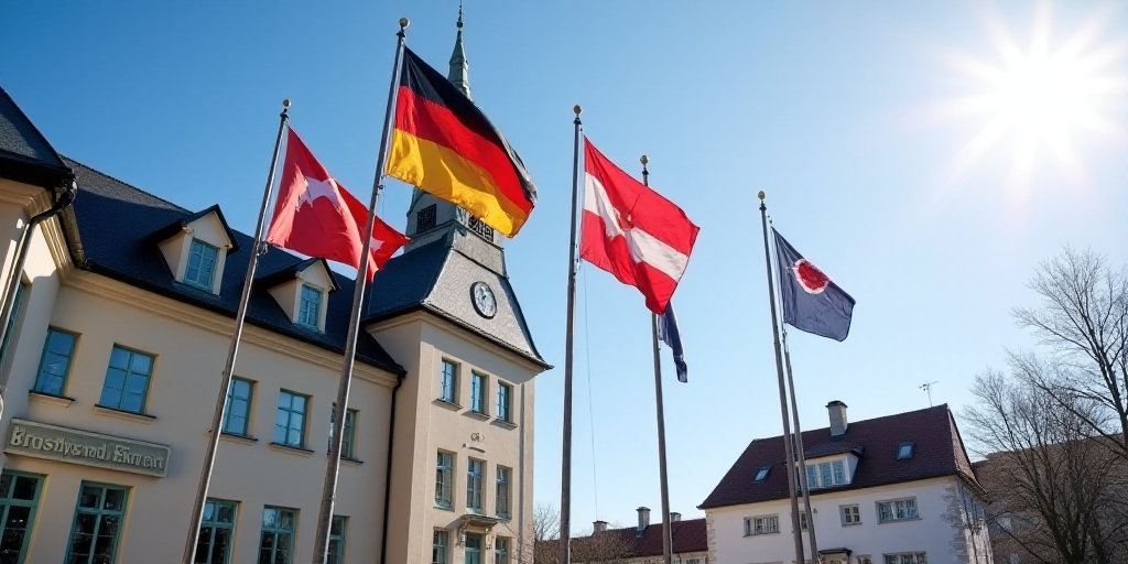 a group of flags flying in the wind outside a building with a clock on it's side and a flag on the o