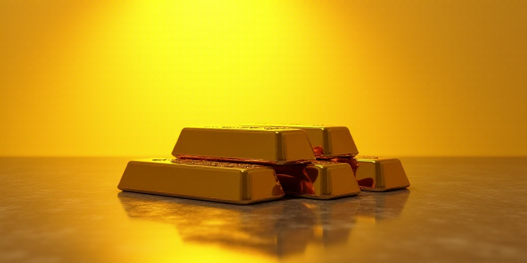 a group of gold and silver bars sitting on top of each other on a table with a yellow background, An
